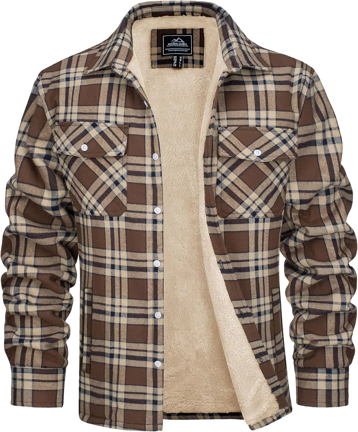 MAGCOMSEN Men's Flannel Shirt Jacket Fleece Lining Plaid Jacket Cotton Winter Coats