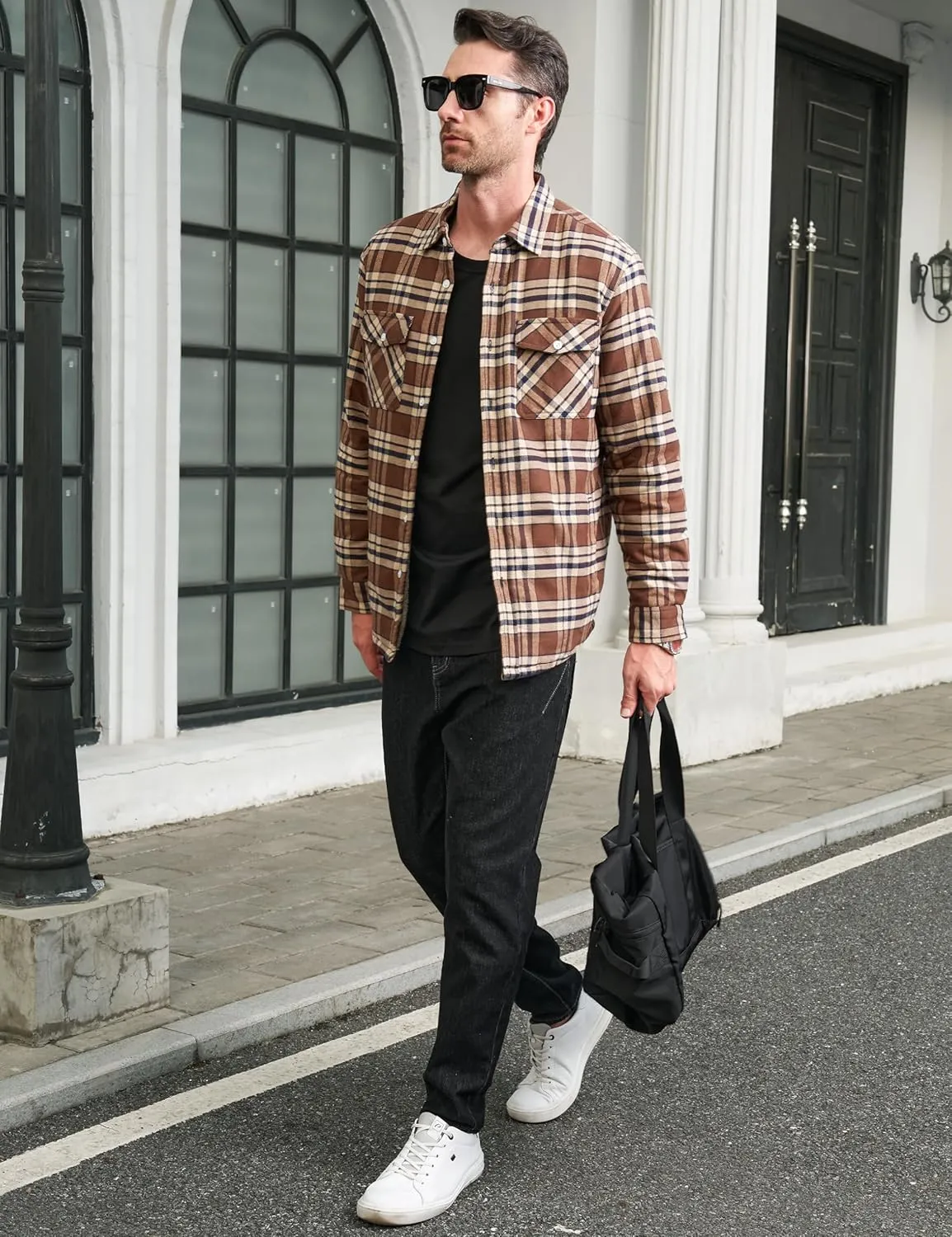 MAGCOMSEN Men's Flannel Shirt Jacket Fleece Lining Plaid Jacket Cotton Winter Coats