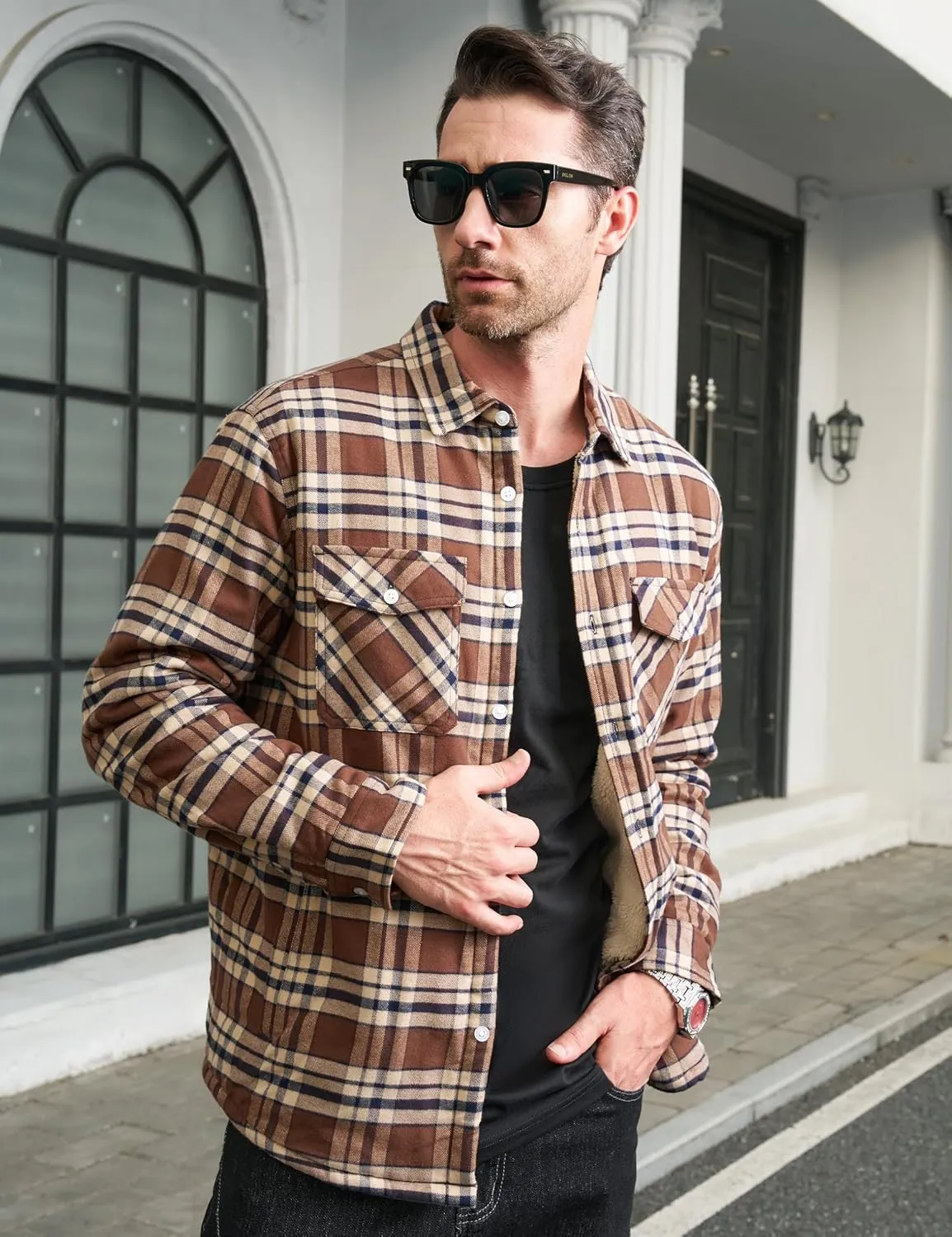 MAGCOMSEN Men's Flannel Shirt Jacket Fleece Lining Plaid Jacket Cotton Winter Coats