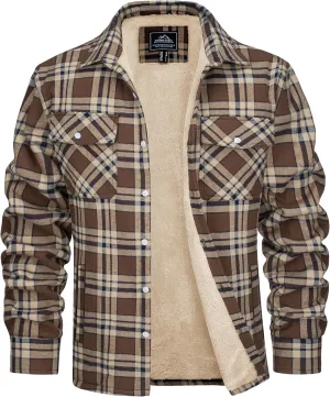 MAGCOMSEN Men's Flannel Shirt Jacket Fleece Lining Plaid Jacket Cotton Winter Coats