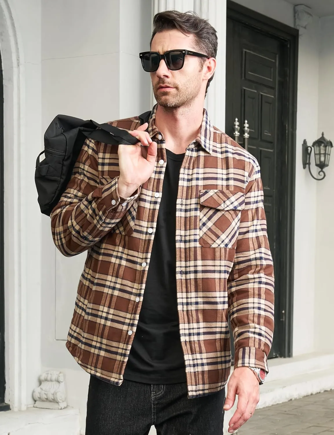 MAGCOMSEN Men's Flannel Shirt Jacket Fleece Lining Plaid Jacket Cotton Winter Coats