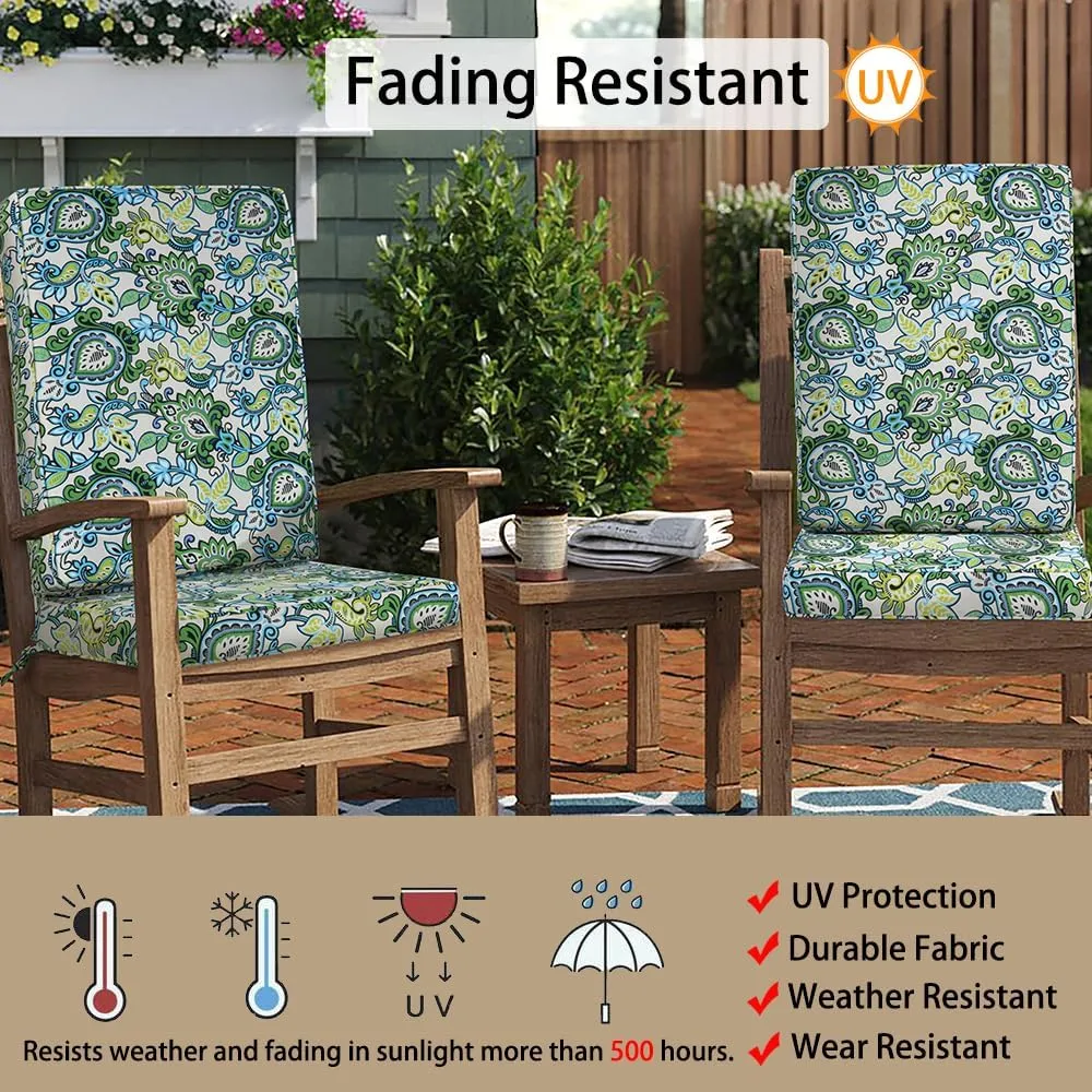 Magpie Fabrics Outdoor/Indoor High Back Square Corner Chair Cushion with Handle & Ties, Waterproof for Home Garden Balcony Patio Beach Swimming Pool, 45"x20"x3", Botanical Blue