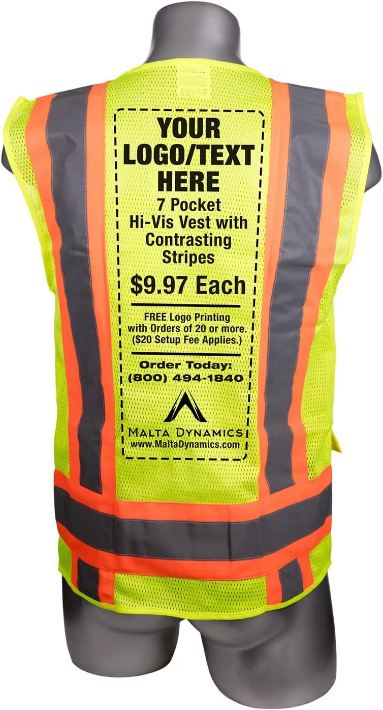 Malta Dynamics High Visibility Yellow Safety Surveyor Vest, OSHA/ANSI Compliant, Multi Size