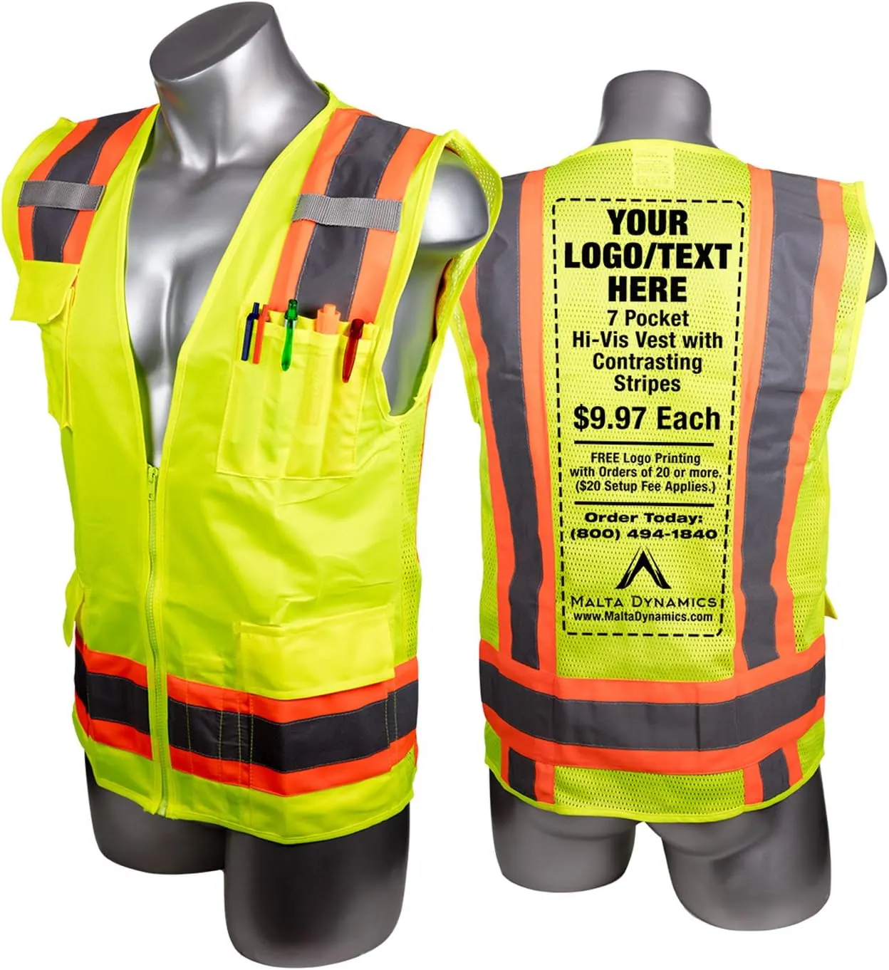 Malta Dynamics High Visibility Yellow Safety Surveyor Vest, OSHA/ANSI Compliant, Multi Size