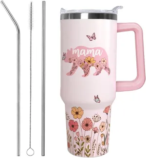 Mama Bear Vacuum Insulated Water Bottle Travel Coffee Mug Cup Tumbler with Handle Lid and Straw, Mothers Day Gifts from Daughter, Birthday Gifts for Mom Mama