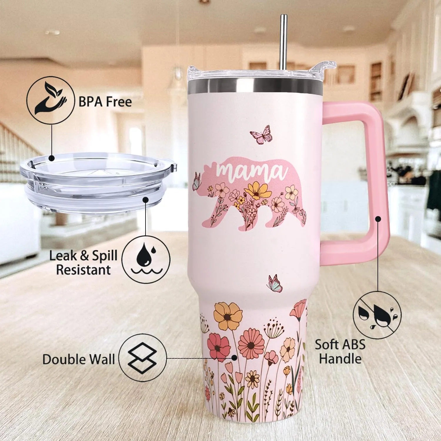 Mama Bear Vacuum Insulated Water Bottle Travel Coffee Mug Cup Tumbler with Handle Lid and Straw, Mothers Day Gifts from Daughter, Birthday Gifts for Mom Mama