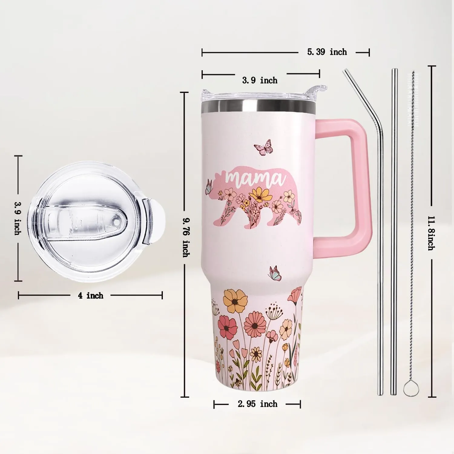 Mama Bear Vacuum Insulated Water Bottle Travel Coffee Mug Cup Tumbler with Handle Lid and Straw, Mothers Day Gifts from Daughter, Birthday Gifts for Mom Mama