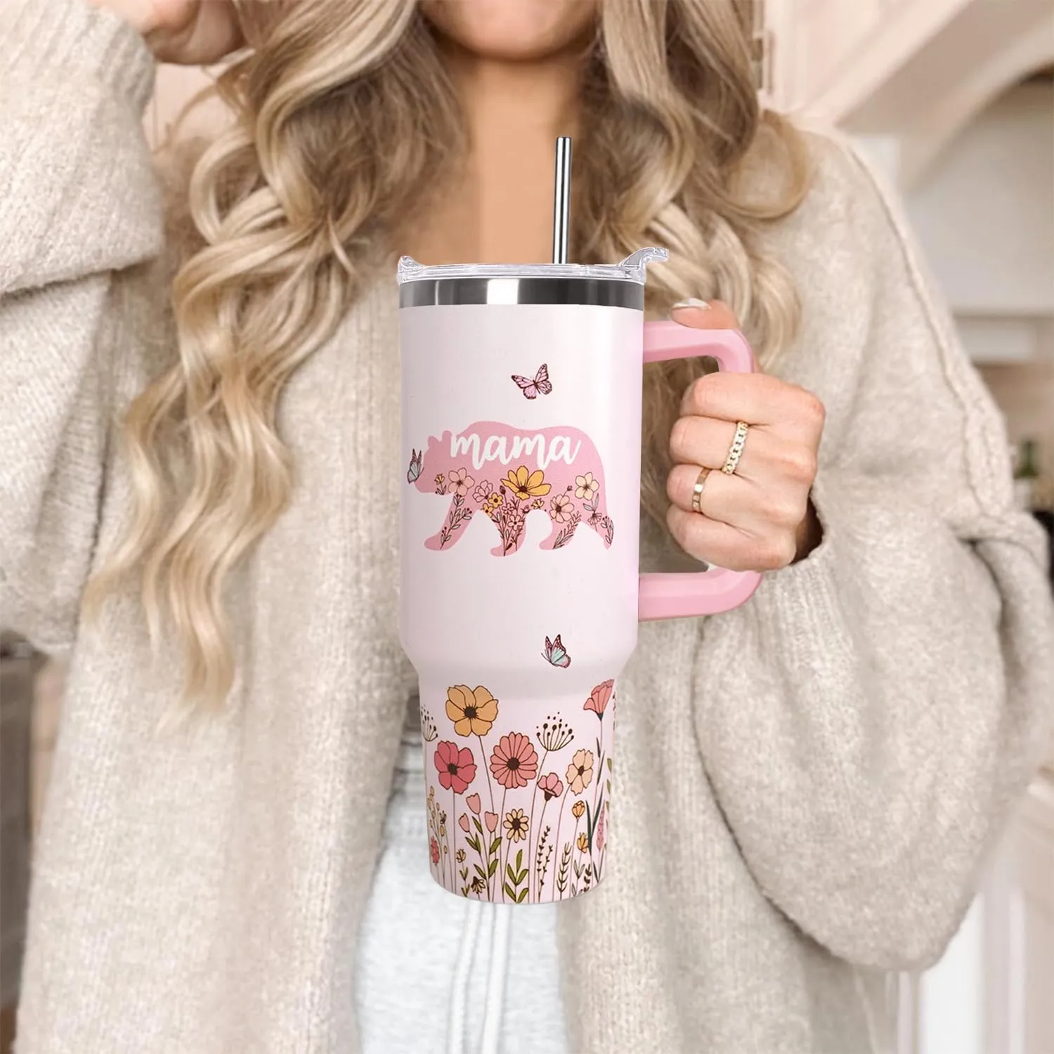 Mama Bear Vacuum Insulated Water Bottle Travel Coffee Mug Cup Tumbler with Handle Lid and Straw, Mothers Day Gifts from Daughter, Birthday Gifts for Mom Mama