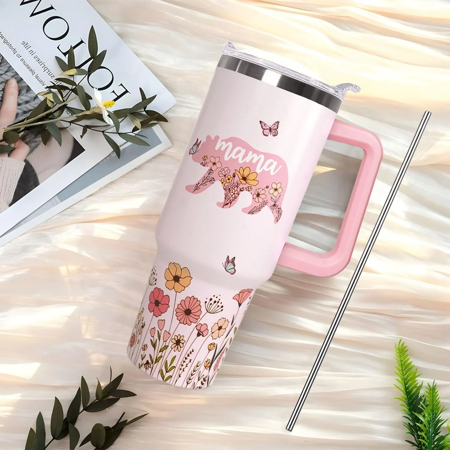 Mama Bear Vacuum Insulated Water Bottle Travel Coffee Mug Cup Tumbler with Handle Lid and Straw, Mothers Day Gifts from Daughter, Birthday Gifts for Mom Mama