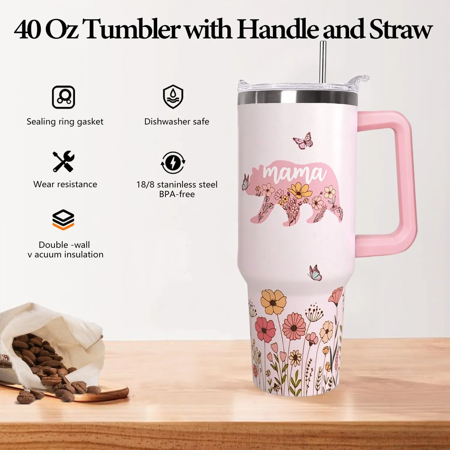Mama Bear Vacuum Insulated Water Bottle Travel Coffee Mug Cup Tumbler with Handle Lid and Straw, Mothers Day Gifts from Daughter, Birthday Gifts for Mom Mama
