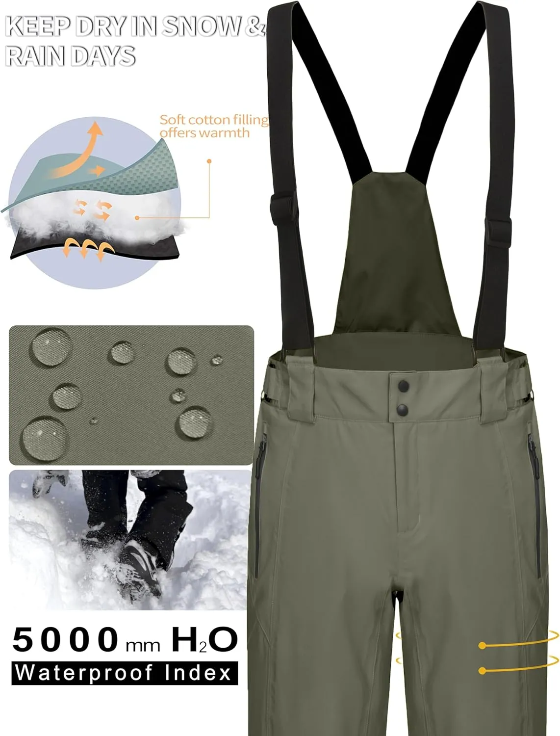 Mapamyumco Men's Snow Insulated Ski Bib Pants, Waterproof Windproof Snowboard Hiking Pants with Detachable Suspenders