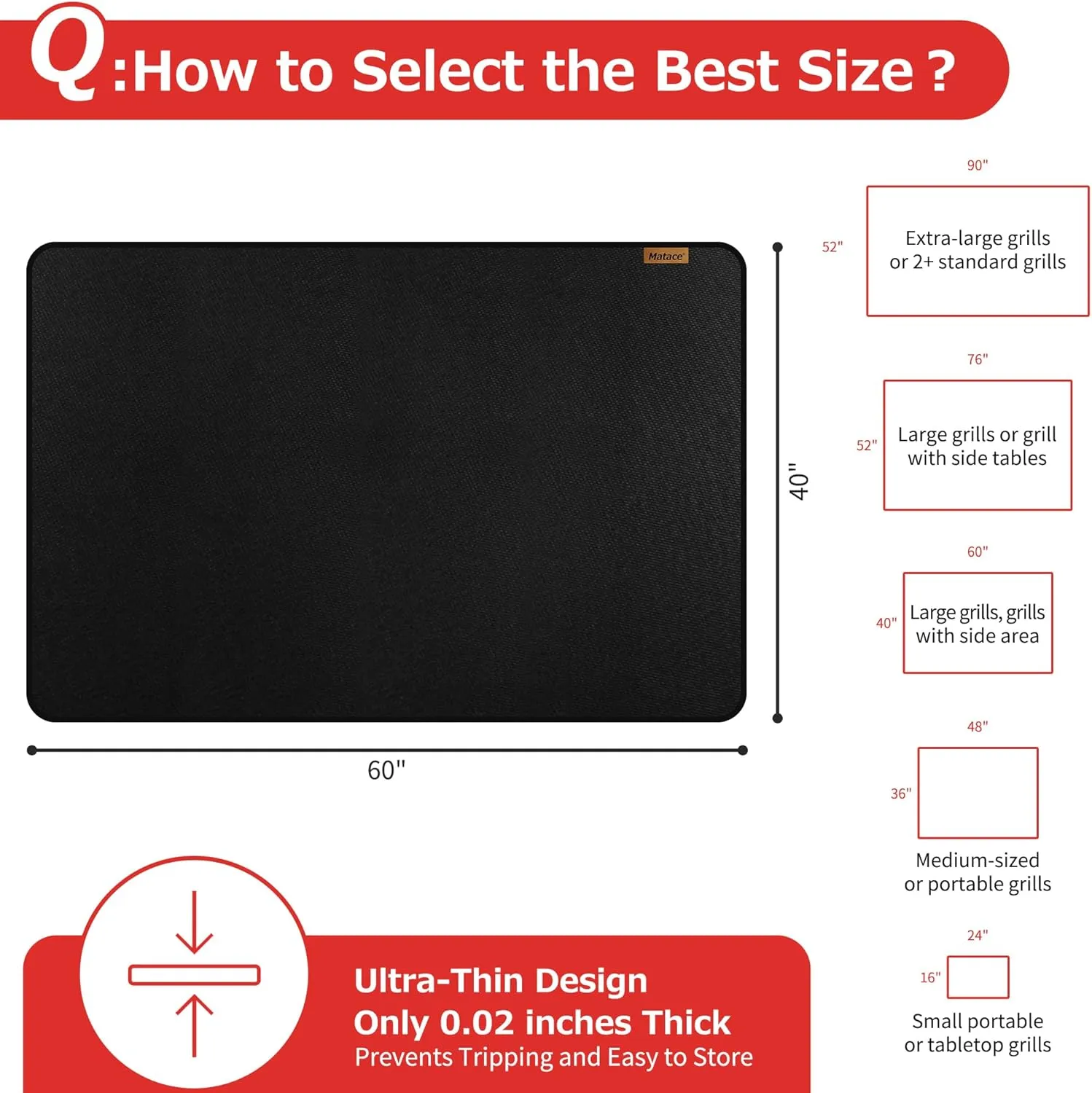 Matace 60x40 Fireproof Under Grill Mats for Outdoor Grill, Large Double-Sided Fire Retardant Silicone Floor Mat for BBQ, Camping Stove, Fire Pit, Waterproof & Grease Resistant for Patio & Deck, Black
