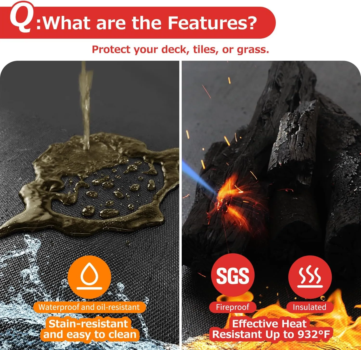 Matace 60x40 Fireproof Under Grill Mats for Outdoor Grill, Large Double-Sided Fire Retardant Silicone Floor Mat for BBQ, Camping Stove, Fire Pit, Waterproof & Grease Resistant for Patio & Deck, Black