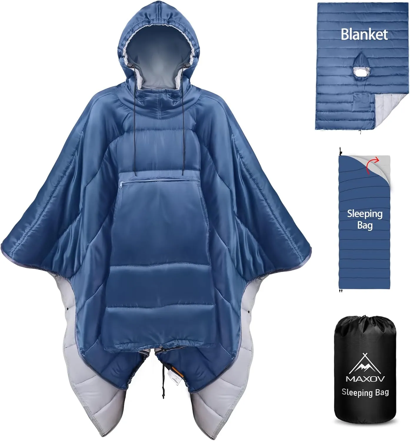 MAXOV Wearable Sleeping Bag Poncho, Stadium Blanket Outdoor Thick&Large Hooded Poncho Cloak Cape Windproof Camping Blanket
