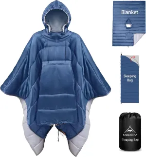 MAXOV Wearable Sleeping Bag Poncho, Stadium Blanket Outdoor Thick&Large Hooded Poncho Cloak Cape Windproof Camping Blanket