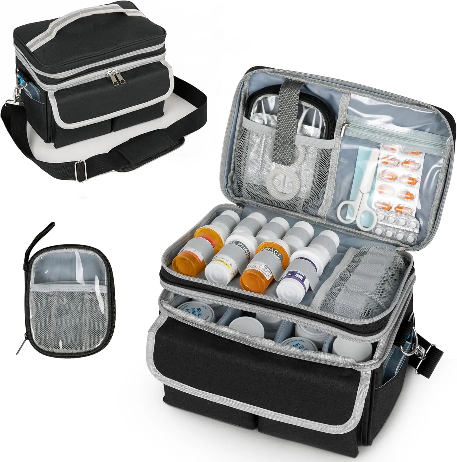 Medicine Storage Bag, Pill Bottle Organizer with Shoulder Strap, Travel Medicine Organizer Box, First Aid Kit with Portable Small Bag, Medication Bottle Organizer Empty Black