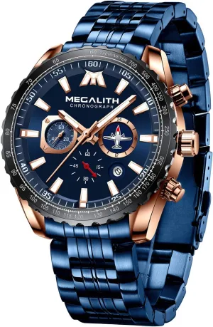 MEGALITH Mens Watches Stainless Steel Waterproof Analog Quartz Fashion Business Casual Chronograph Watch for Men, Auto Date