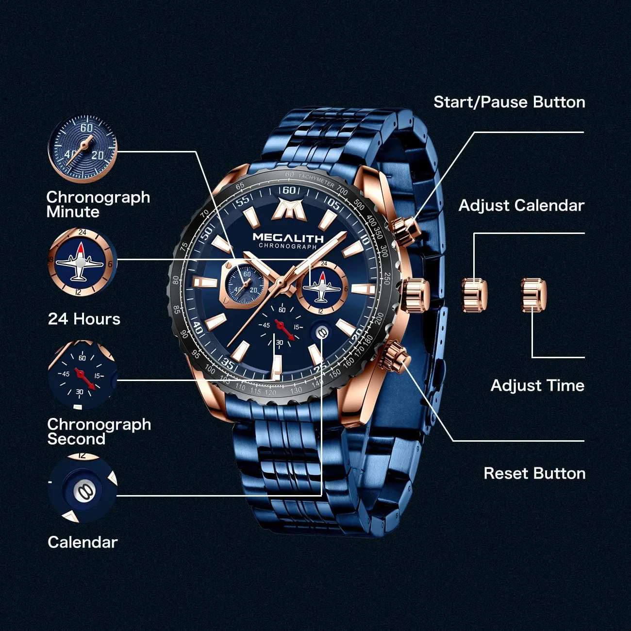 MEGALITH Mens Watches Stainless Steel Waterproof Analog Quartz Fashion Business Casual Chronograph Watch for Men, Auto Date