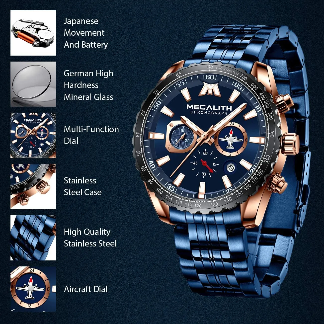 MEGALITH Mens Watches Stainless Steel Waterproof Analog Quartz Fashion Business Casual Chronograph Watch for Men, Auto Date