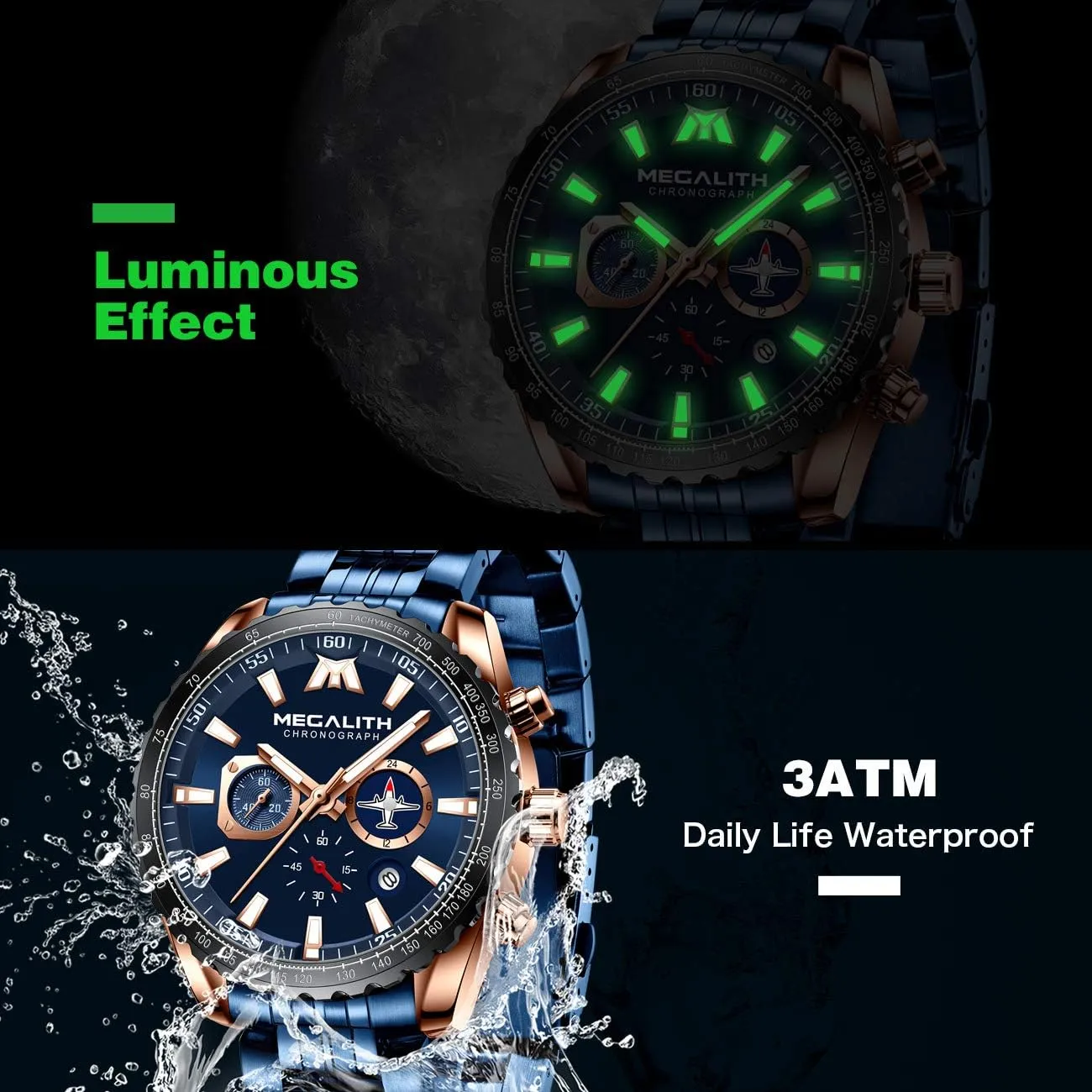MEGALITH Mens Watches Stainless Steel Waterproof Analog Quartz Fashion Business Casual Chronograph Watch for Men, Auto Date