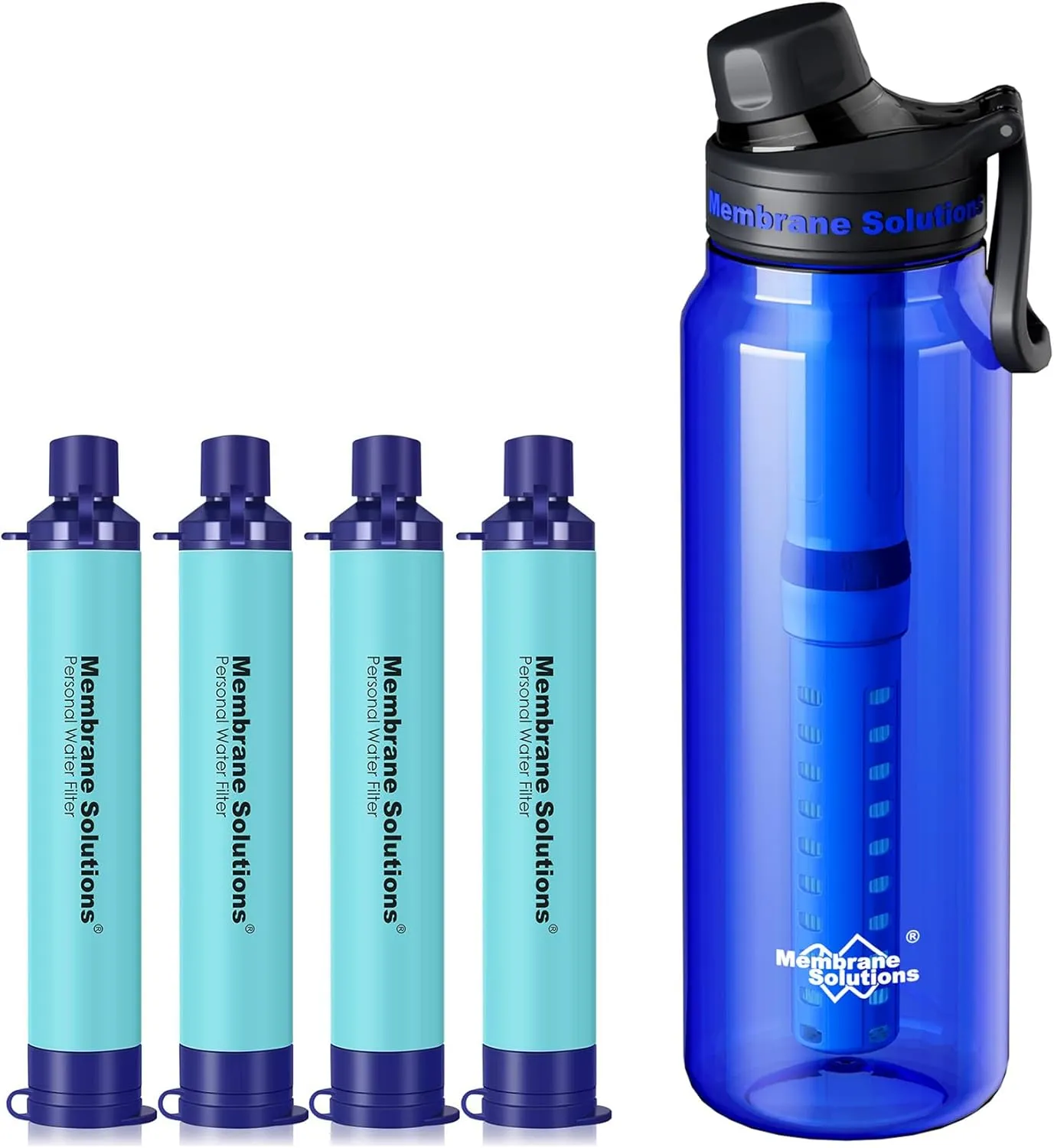Membrane Solutions 36oz C3 ACF&UF Filtered Water Bottle with 4 Packs Outdoor Water Filter Straw