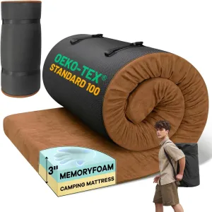 Memory Foam Camping Mattress Pad, Portable Roll Up Pads for Adults, Sleeping pad for Camping Bed, Car Bed Mat with Travel Bag- Brown