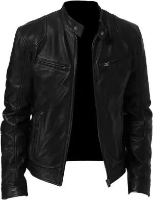 Men Faux Leather Zip Up Jacket Stand Collar Leather Motorcycle Jacket Lightweight Bomber Outwear PU Coat