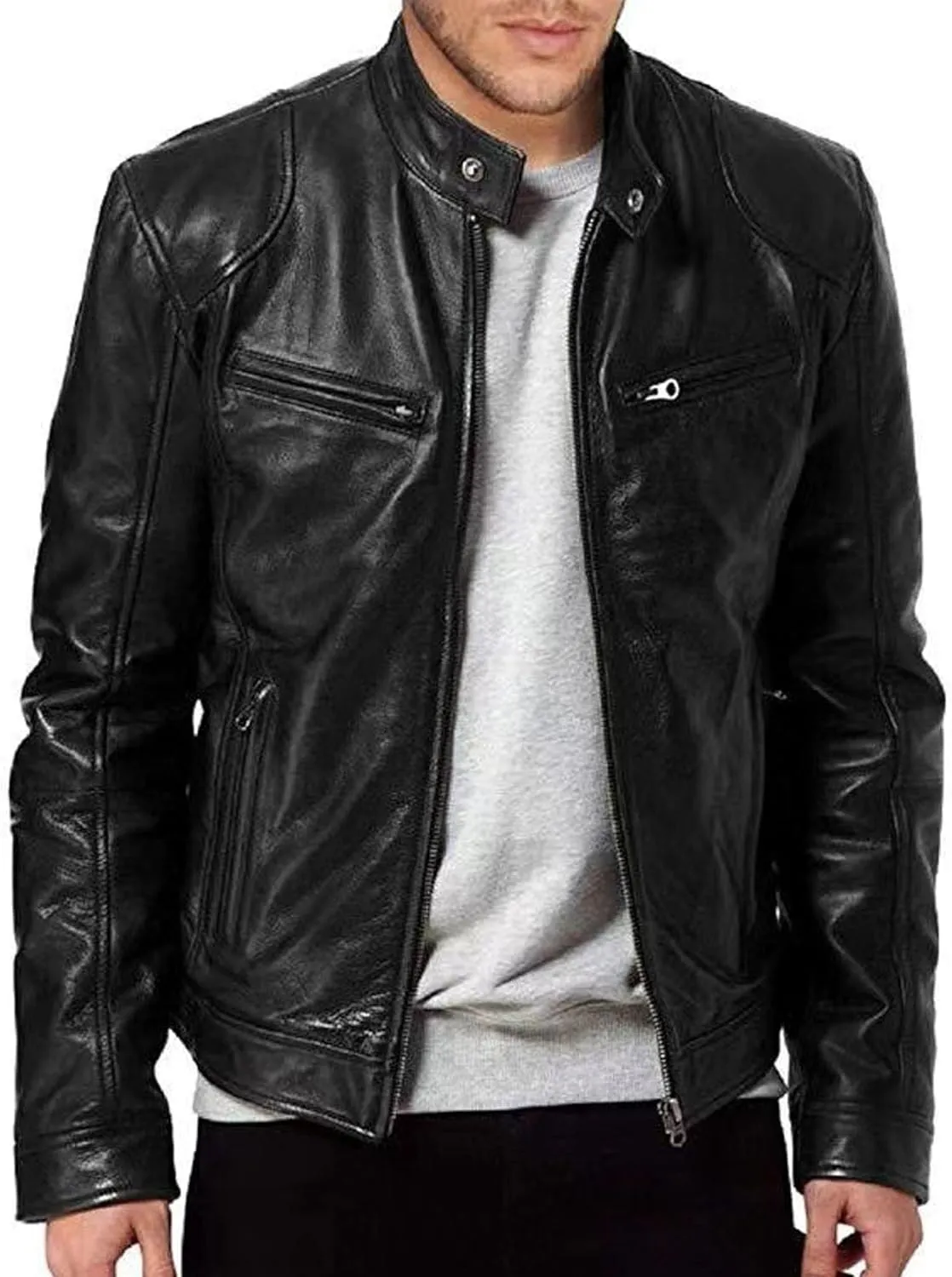 Men Faux Leather Zip Up Jacket Stand Collar Leather Motorcycle Jacket Lightweight Bomber Outwear PU Coat