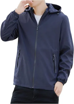 Men Waterproof Lightweight Rain Jacket Breathable Active Outdoor Hooded Raincoat Casual Trendy Work Jacket for Hiking