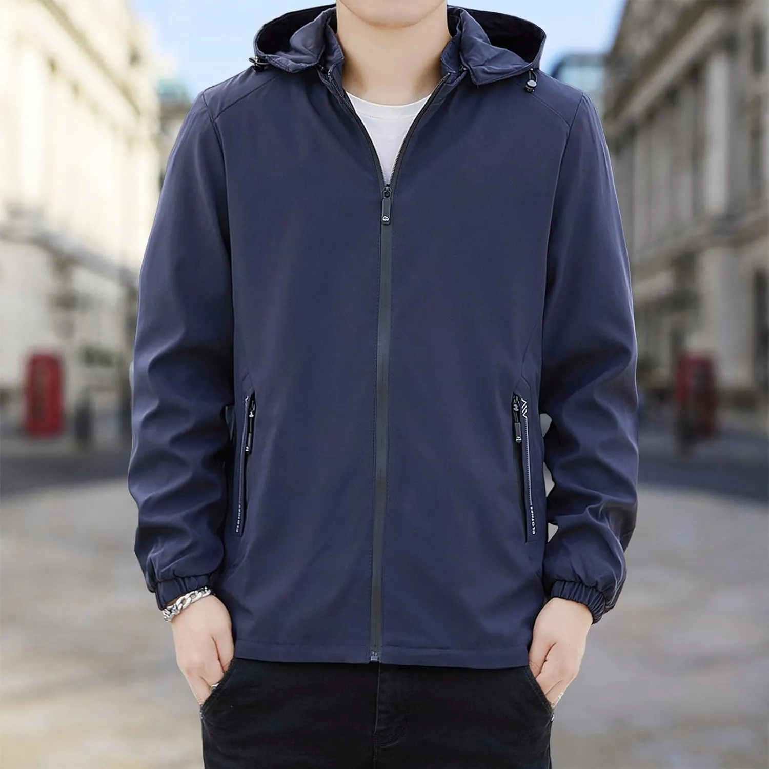 Men Waterproof Lightweight Rain Jacket Breathable Active Outdoor Hooded Raincoat Casual Trendy Work Jacket for Hiking