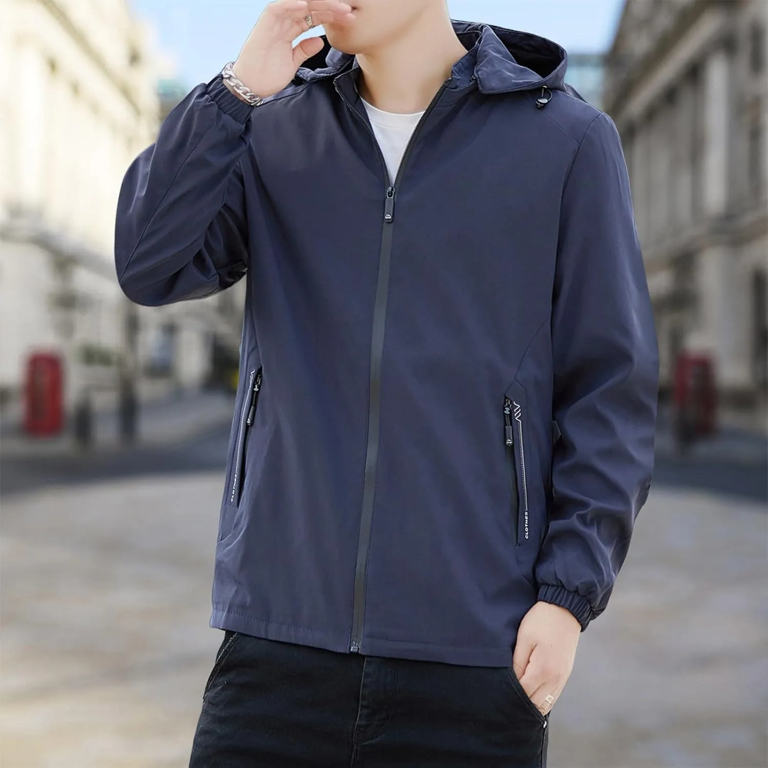 Men Waterproof Lightweight Rain Jacket Breathable Active Outdoor Hooded Raincoat Casual Trendy Work Jacket for Hiking