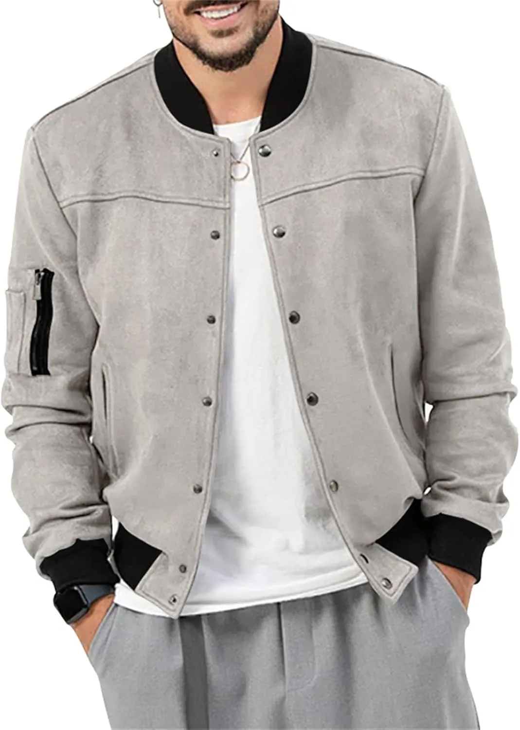 Mens Casual Faux Suede Bomber Jacket Classic Jacket Windbreaker Vintage Button Down Cardigan Lightweight Leather Coats