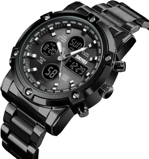 Men's Digital Tactical Watch with Stainless Steel Band, 3 Time Zones, Chronograph, Countdown Timer, EL Backlight, Alarm, 30M Waterproof, Week and Date Display, 12 and 24 Hour Format