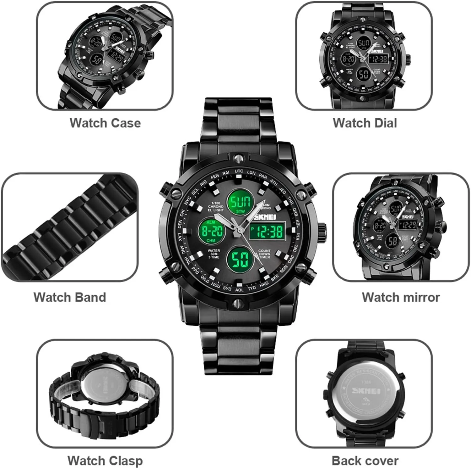 Men's Digital Tactical Watch with Stainless Steel Band, 3 Time Zones, Chronograph, Countdown Timer, EL Backlight, Alarm, 30M Waterproof, Week and Date Display, 12 and 24 Hour Format