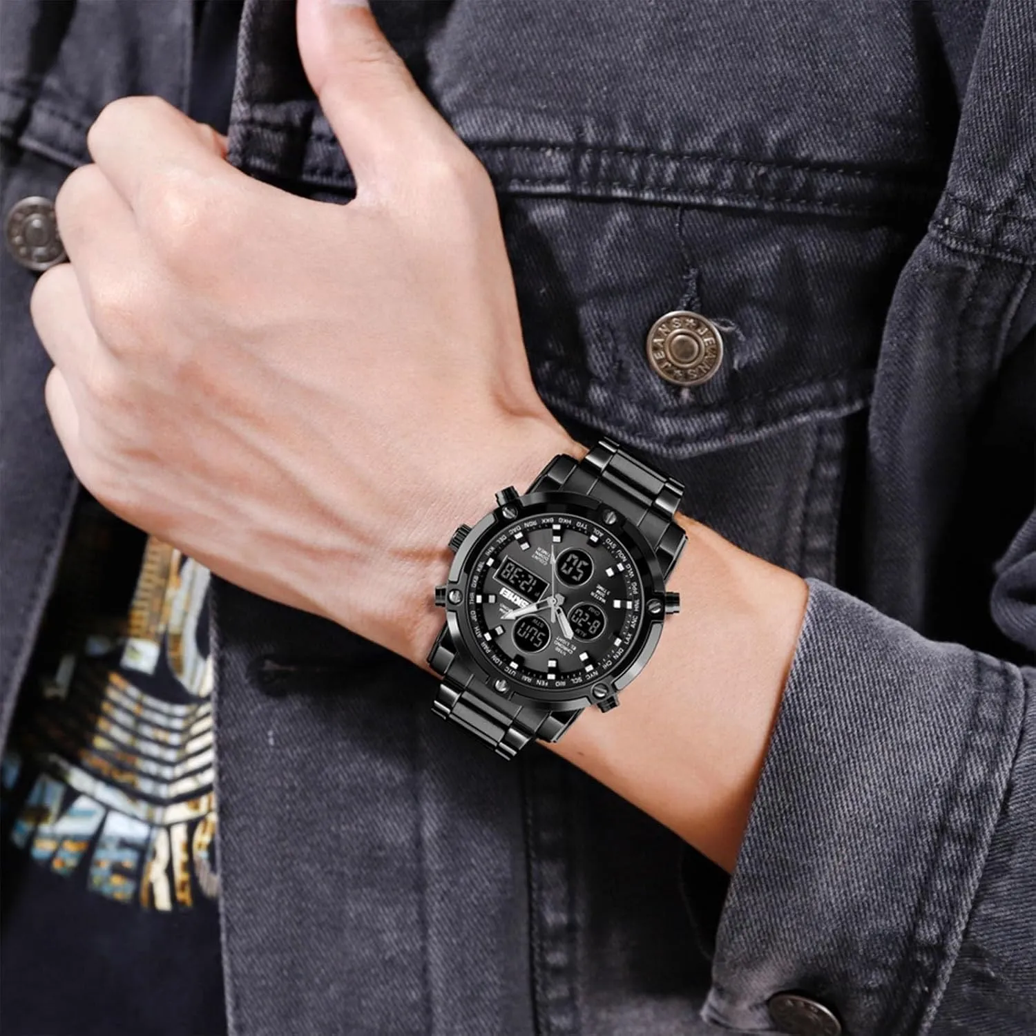 Men's Digital Tactical Watch with Stainless Steel Band, 3 Time Zones, Chronograph, Countdown Timer, EL Backlight, Alarm, 30M Waterproof, Week and Date Display, 12 and 24 Hour Format