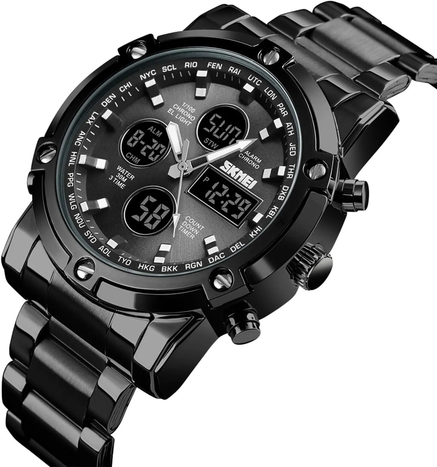 Men's Digital Tactical Watch with Stainless Steel Band, 3 Time Zones, Chronograph, Countdown Timer, EL Backlight, Alarm, 30M Waterproof, Week and Date Display, 12 and 24 Hour Format