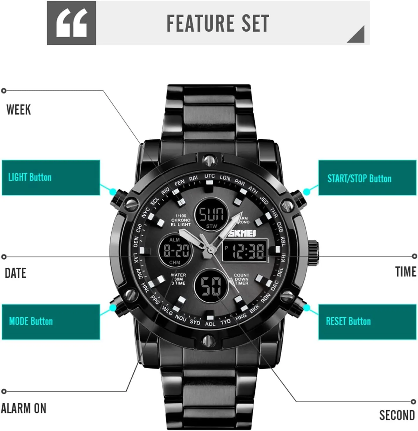 Men's Digital Tactical Watch with Stainless Steel Band, 3 Time Zones, Chronograph, Countdown Timer, EL Backlight, Alarm, 30M Waterproof, Week and Date Display, 12 and 24 Hour Format