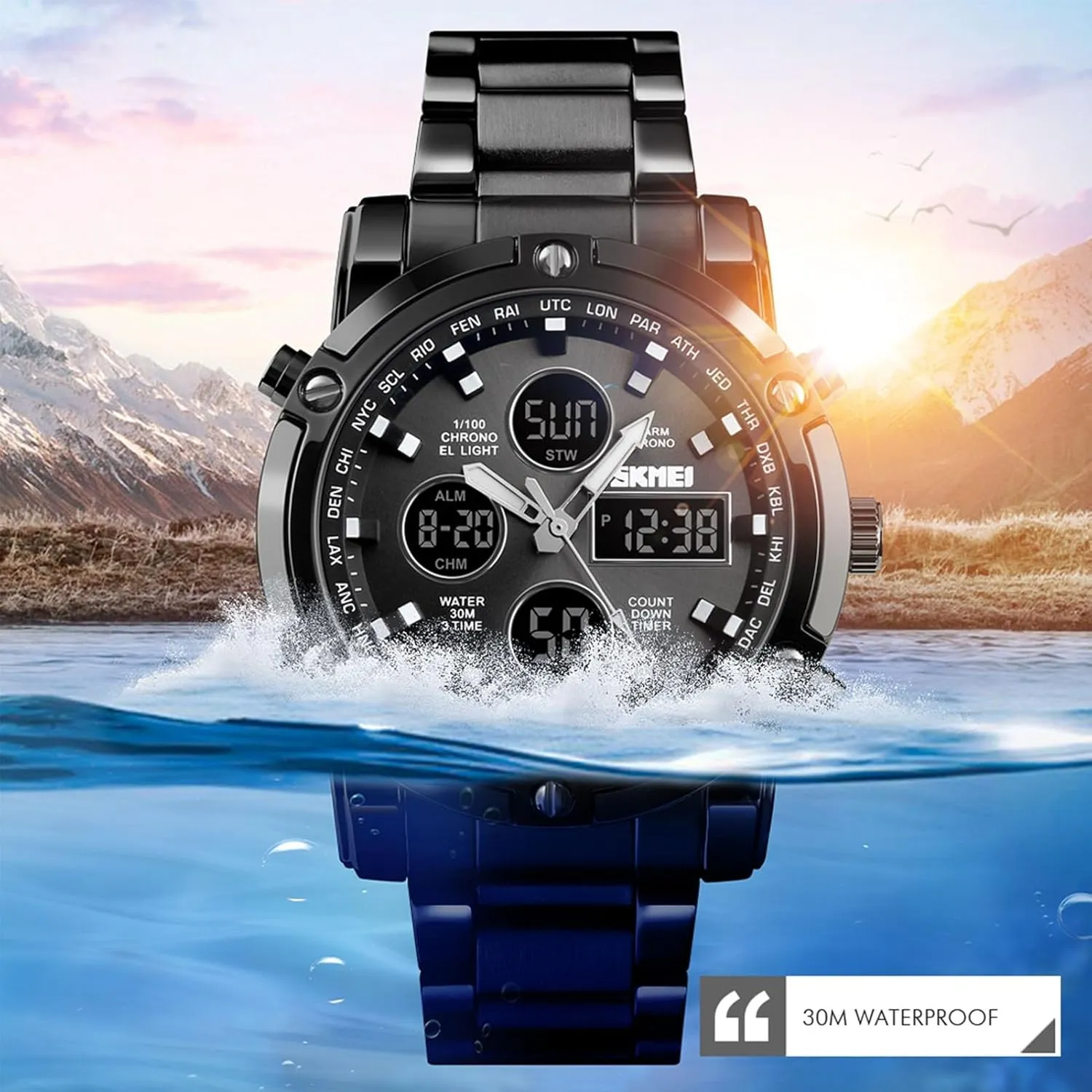 Men's Digital Tactical Watch with Stainless Steel Band, 3 Time Zones, Chronograph, Countdown Timer, EL Backlight, Alarm, 30M Waterproof, Week and Date Display, 12 and 24 Hour Format