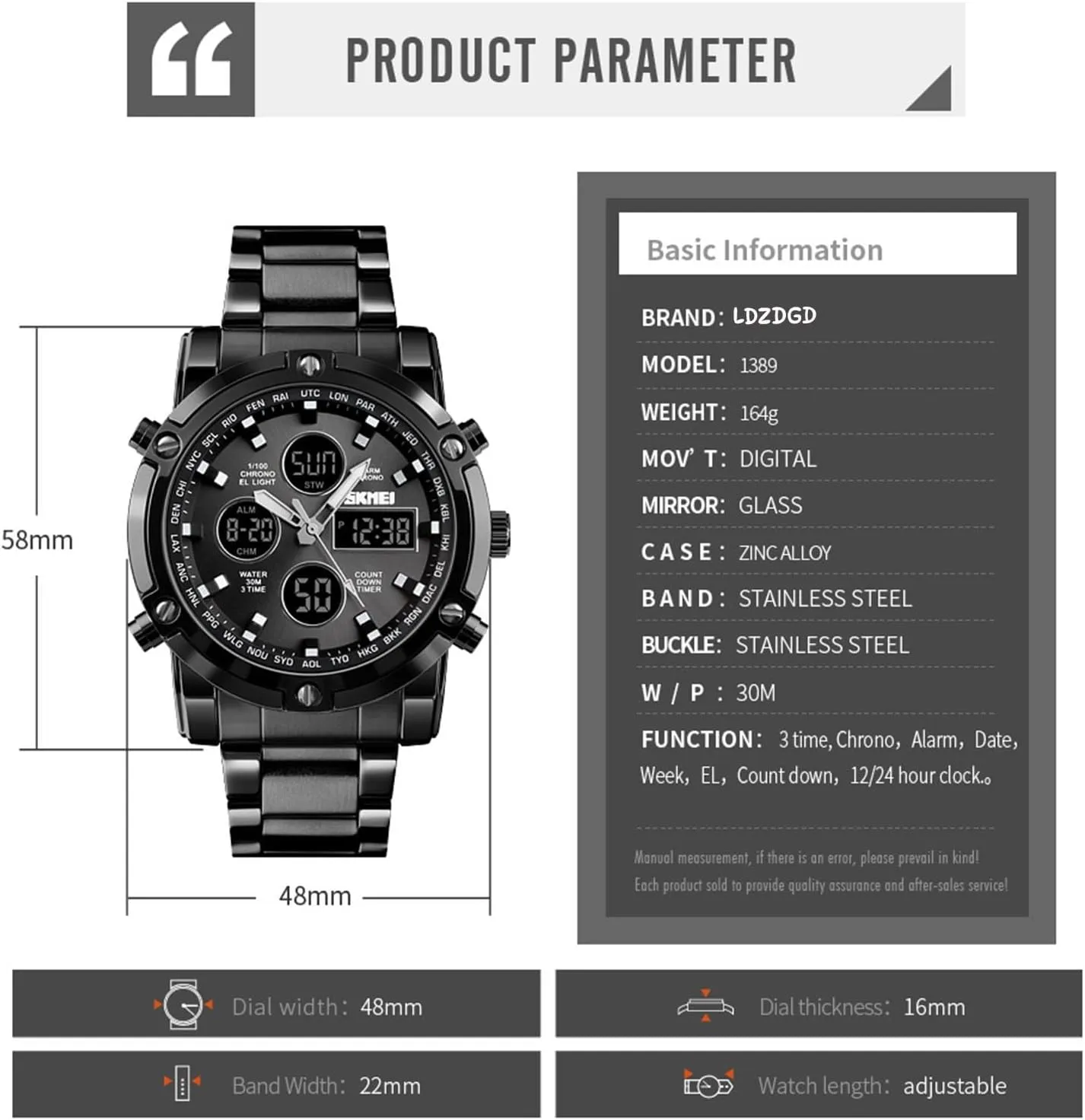Men's Digital Tactical Watch with Stainless Steel Band, 3 Time Zones, Chronograph, Countdown Timer, EL Backlight, Alarm, 30M Waterproof, Week and Date Display, 12 and 24 Hour Format