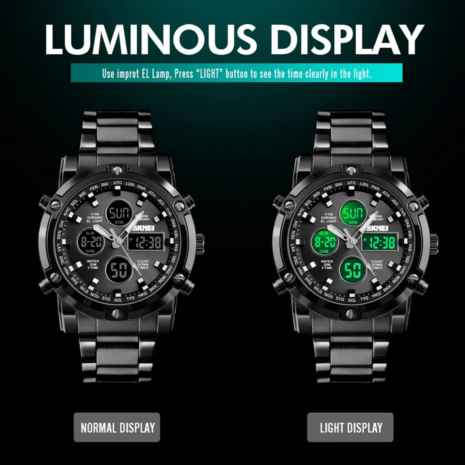 Men's Digital Tactical Watch with Stainless Steel Band, 3 Time Zones, Chronograph, Countdown Timer, EL Backlight, Alarm, 30M Waterproof, Week and Date Display, 12 and 24 Hour Format
