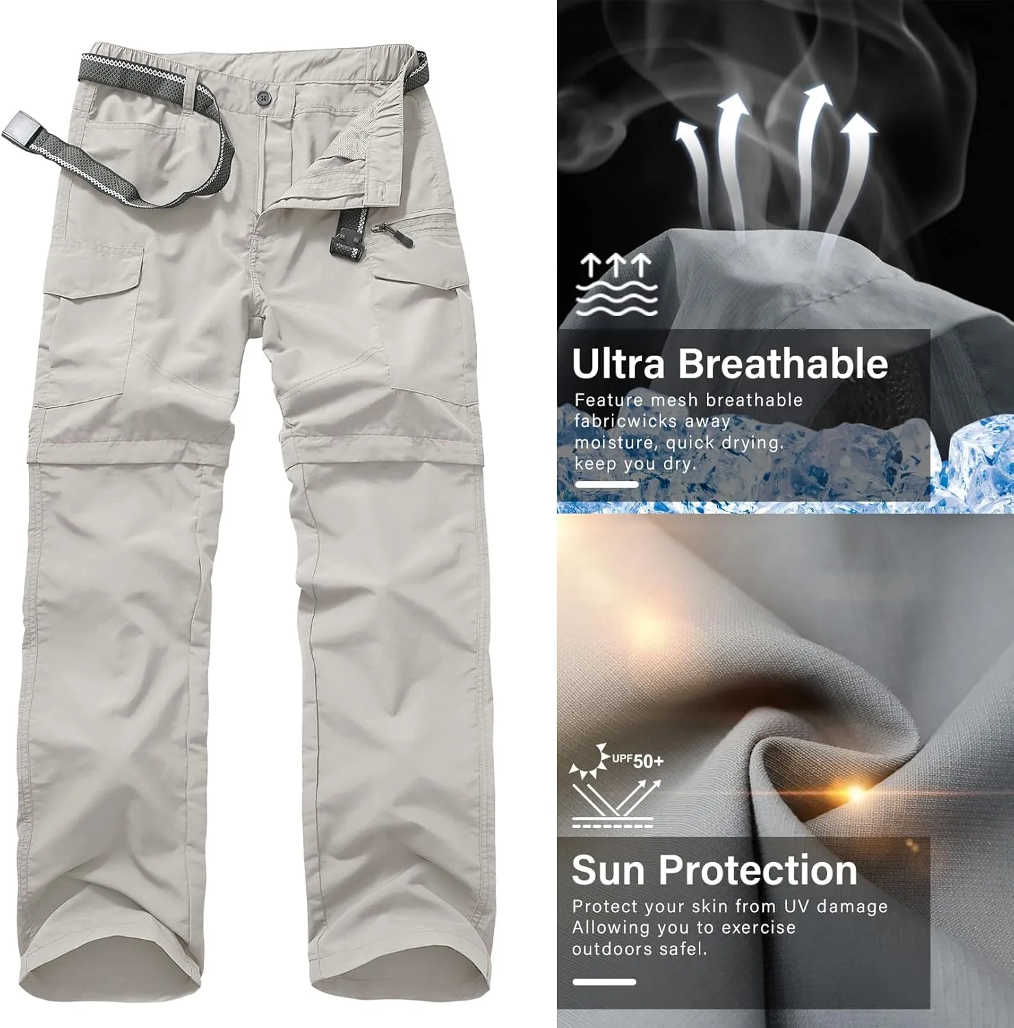 Mens Hiking Pants Quick Dry Lightweight Fishing Convertible Zip Off Safari Trousers