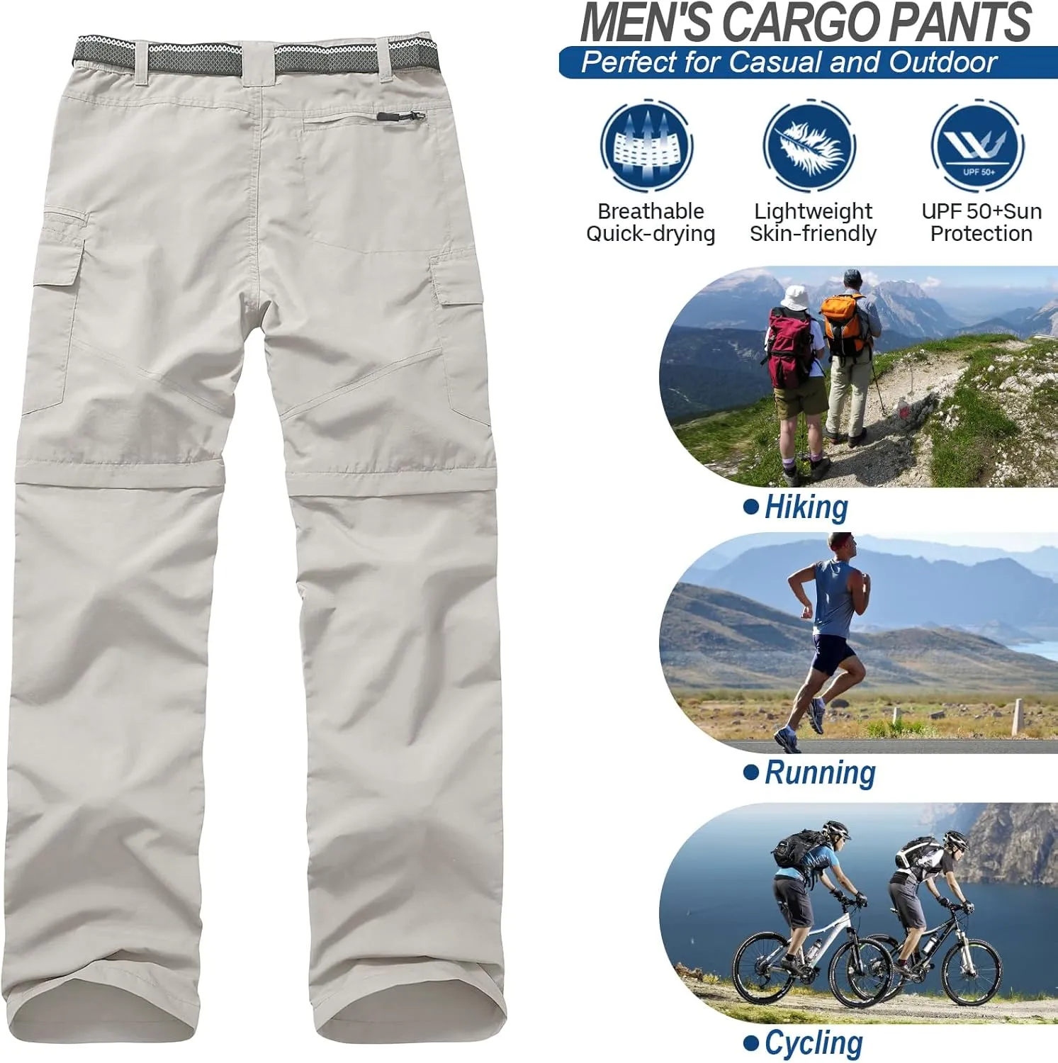 Mens Hiking Pants Quick Dry Lightweight Fishing Convertible Zip Off Safari Trousers