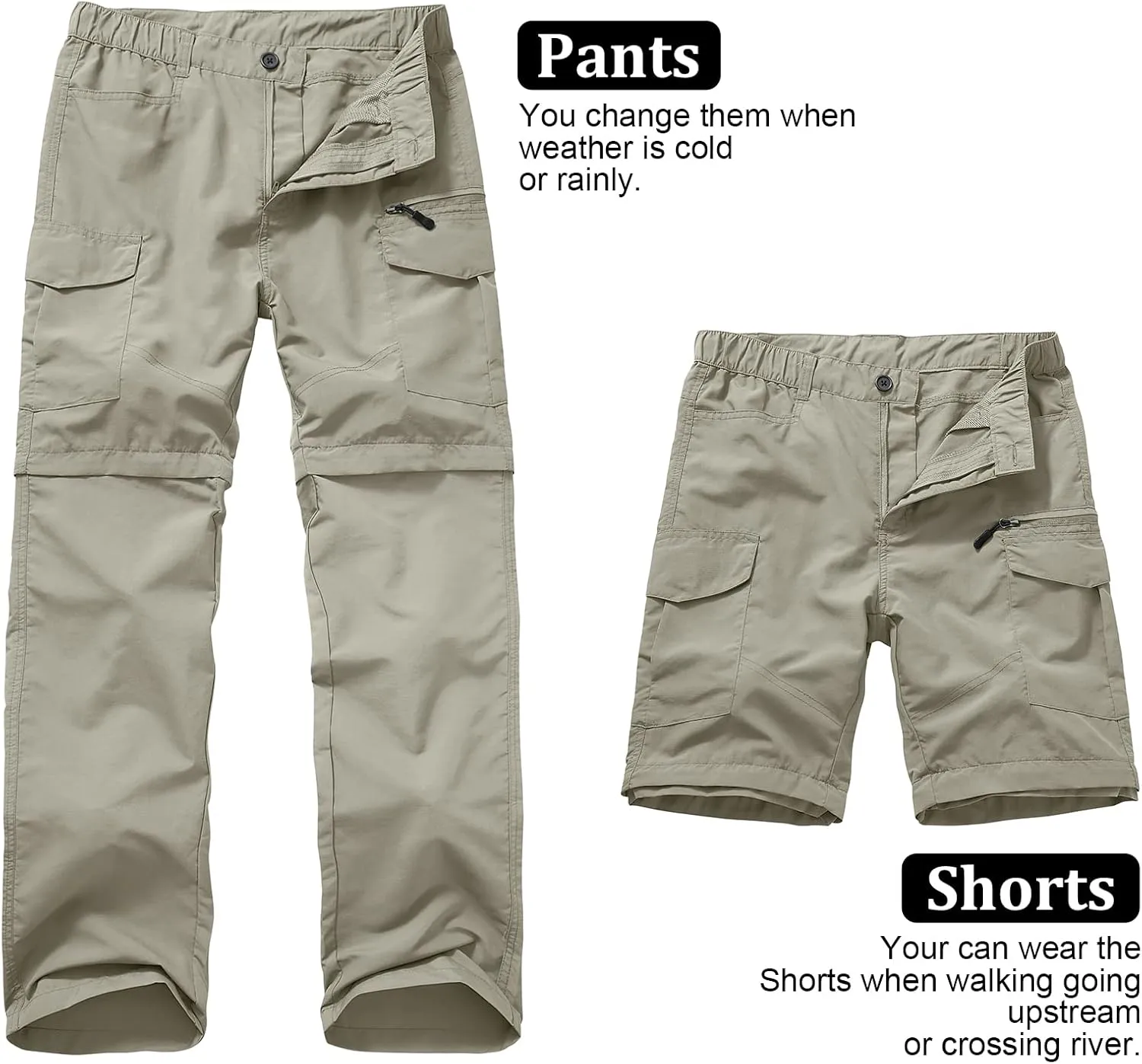 Mens Hiking Pants Quick Dry Lightweight Fishing Convertible Zip Off Safari Trousers