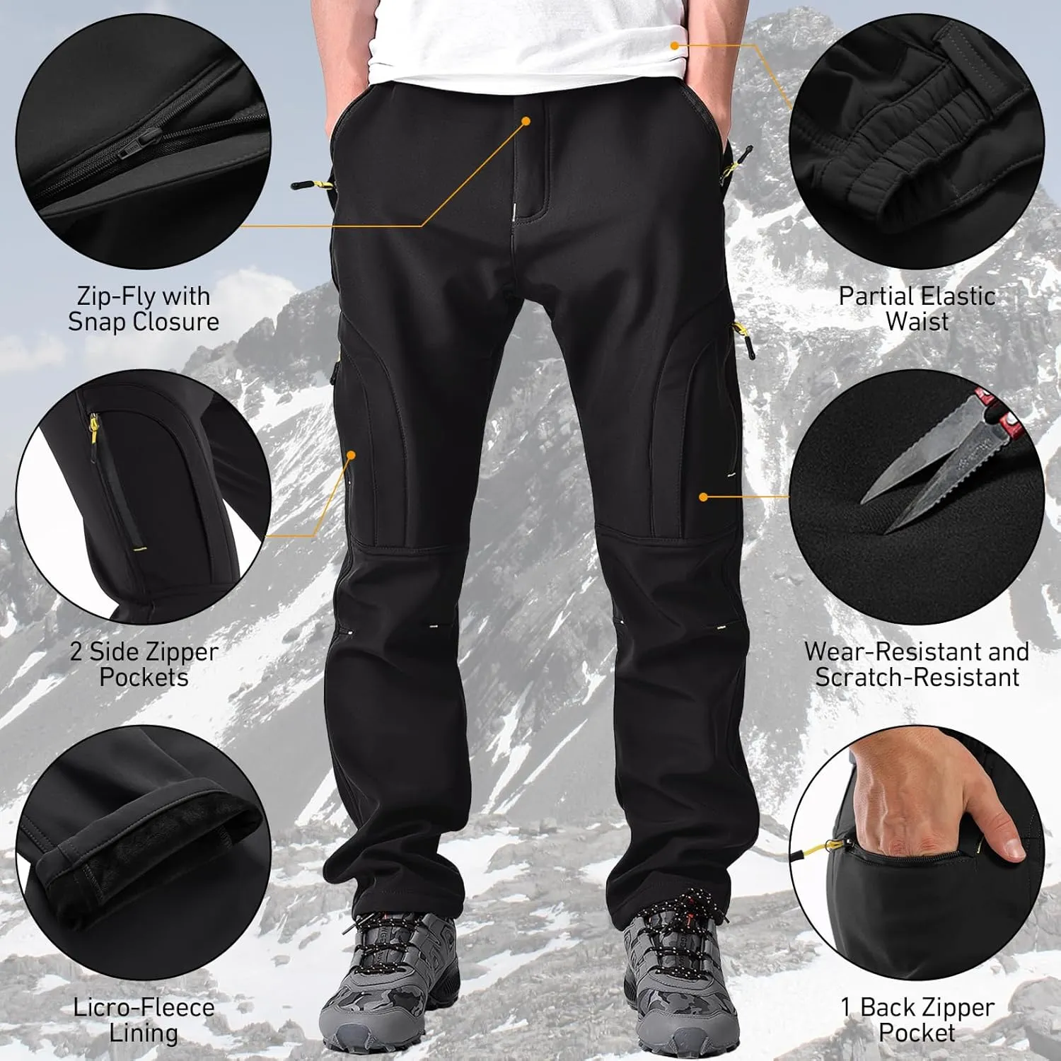 Mens Hiking Waterproof Pants Snow Ski Insulated Fleece Lined Winter Fishing Walking Outdoor Pants