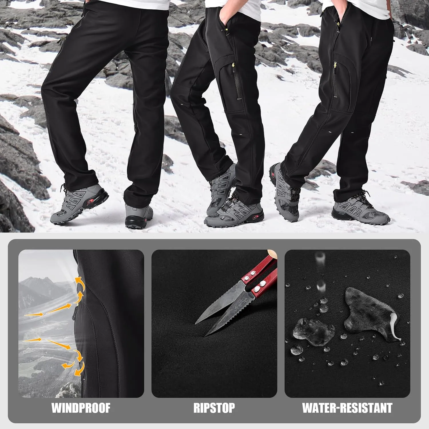 Mens Hiking Waterproof Pants Snow Ski Insulated Fleece Lined Winter Fishing Walking Outdoor Pants