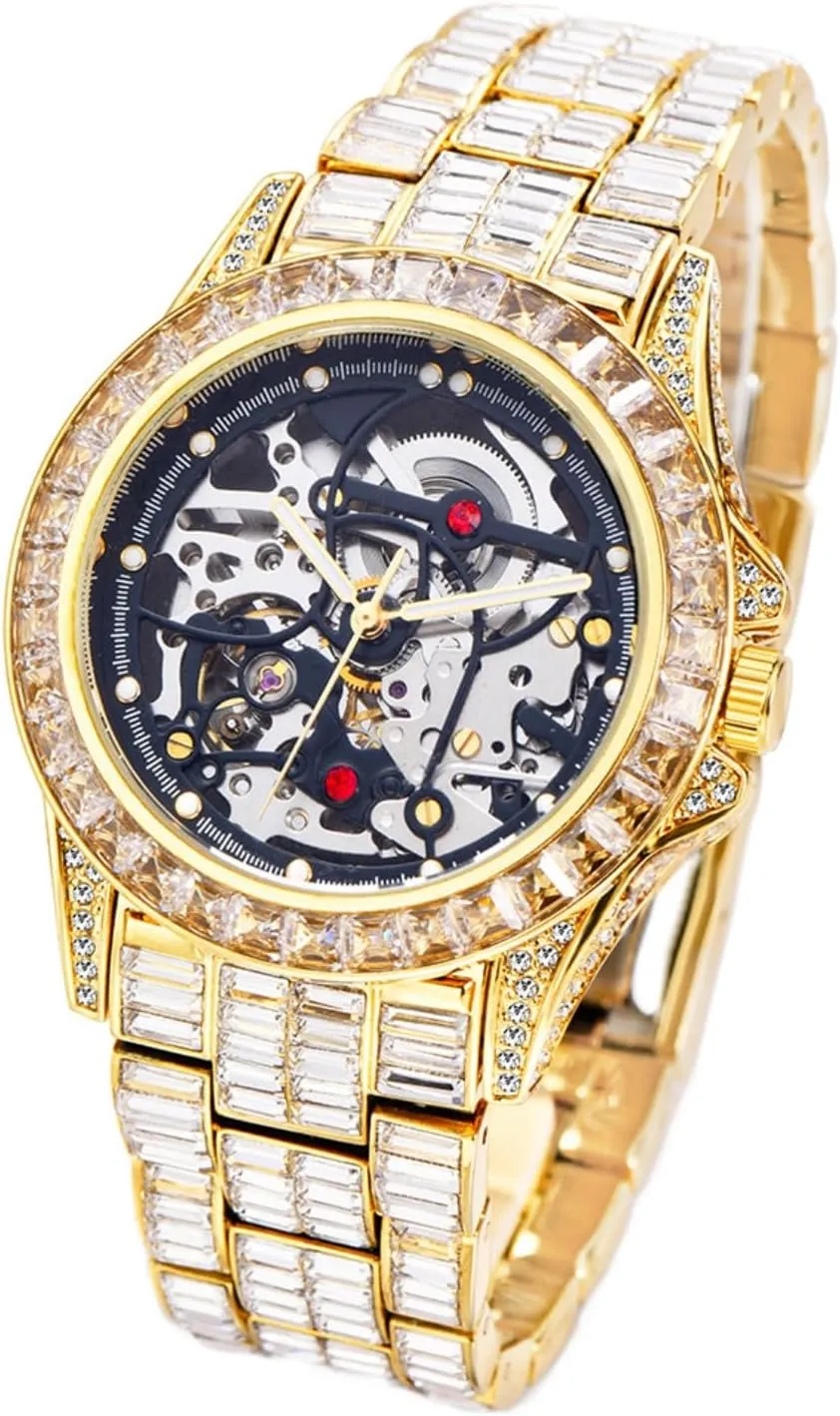 Men's Luxurious Full Rhinestone Fashion Antomatic Mechanical Watches - Water Resistant, Precise Timekeeping, Stylish Accessory for Formal Occasions