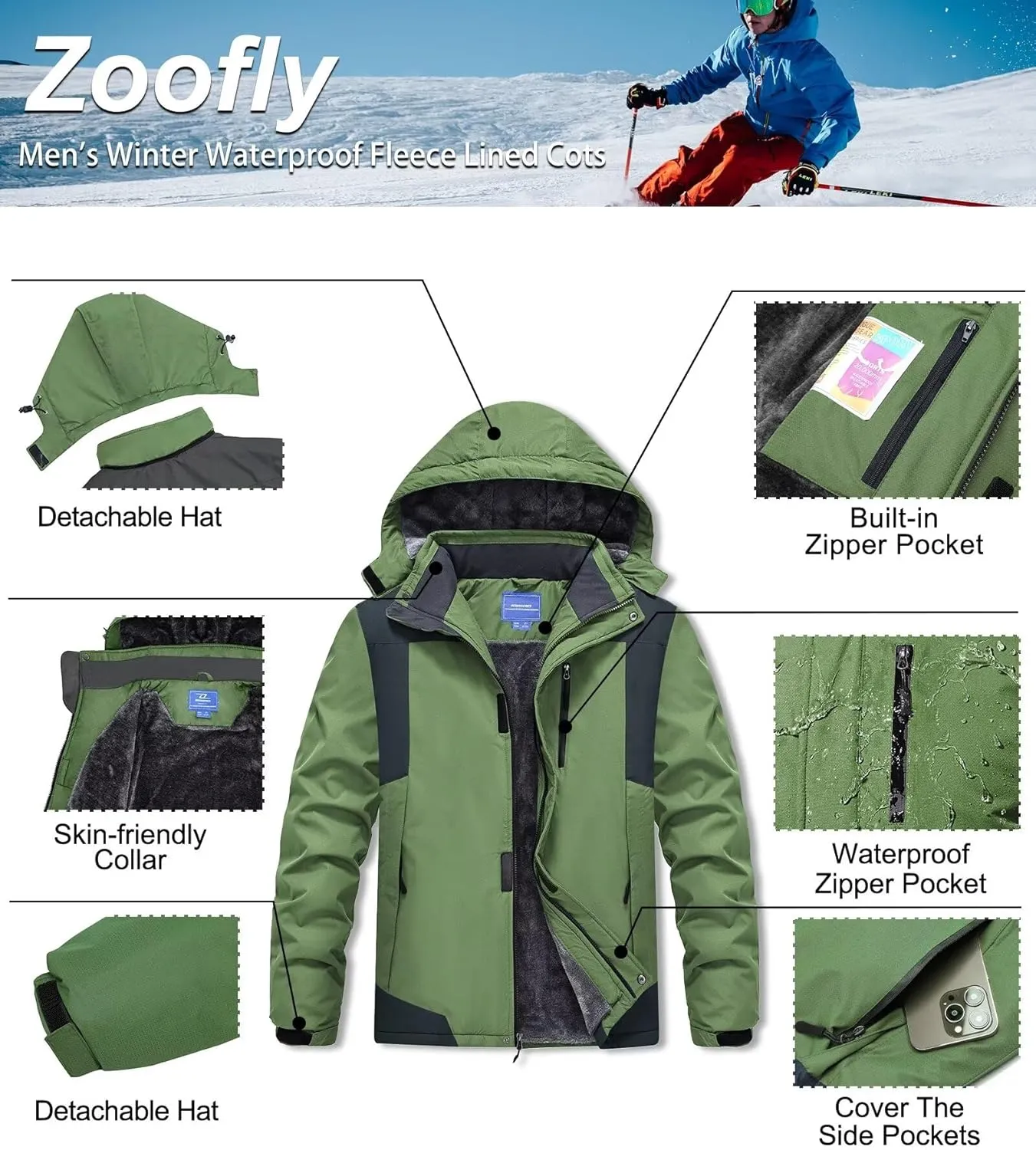 Men's Mountain Ski Jacket Waterproof Fleece Liner Snow Coat Warm Winter Windproof Hooded Raincoat