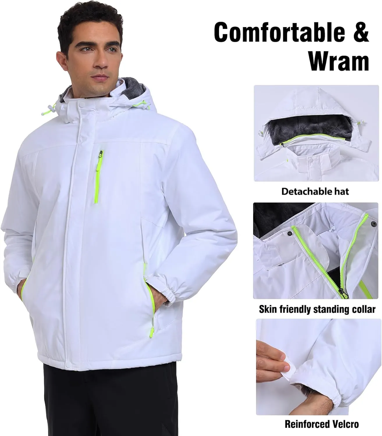Men's Mountain Ski Jacket Waterproof Fleece Liner Snow Coat Warm Winter Windproof Hooded Raincoat