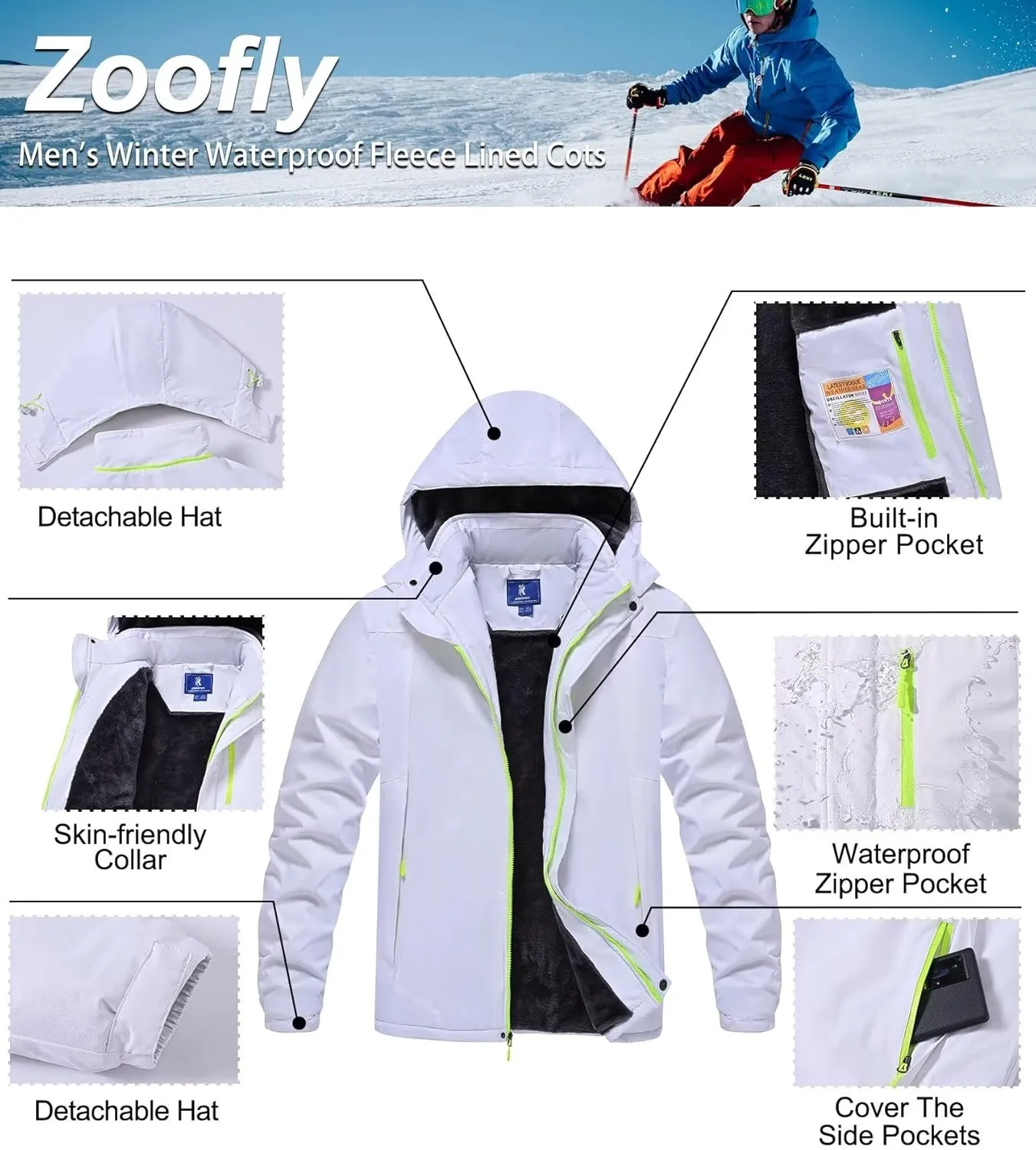 Men's Mountain Ski Jacket Waterproof Fleece Liner Snow Coat Warm Winter Windproof Hooded Raincoat