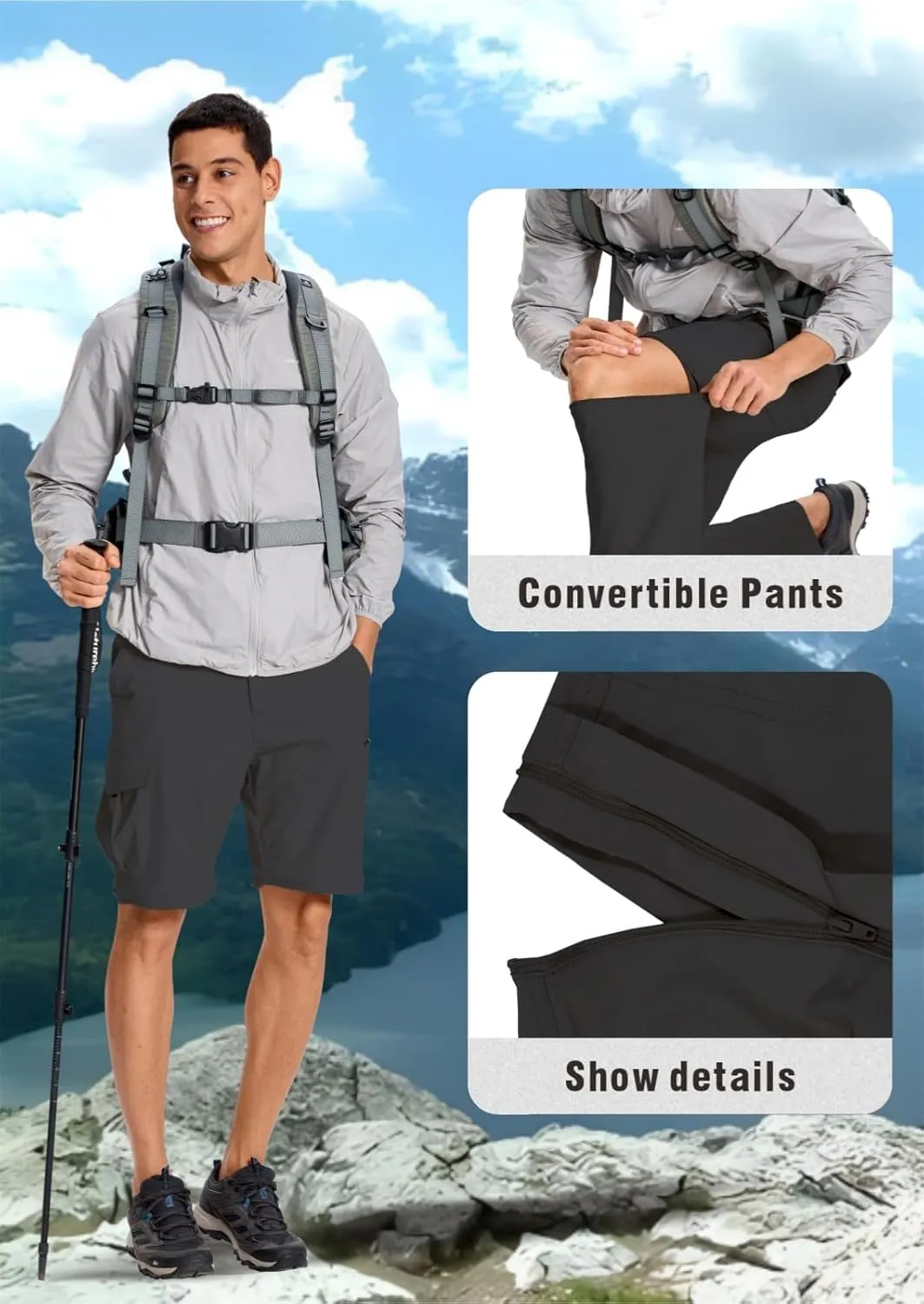 Mens Outdoor Hiking Pants Convertible Lightweight Water Resistant Quick Dry Zip Off Fishing Travel Camping Tactical Pants